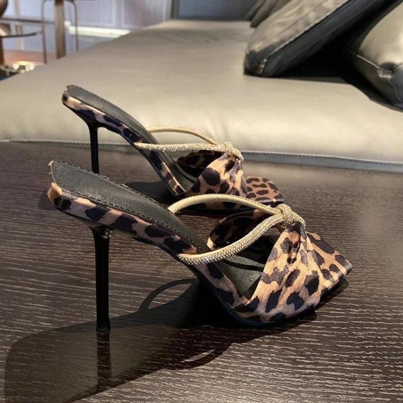 Fashion Women's Shoes 2025 Elegant Leopard Print High-Heel Slippers with Shiny Detailing Perfect for Fashion-Forward Plus Size Sandals