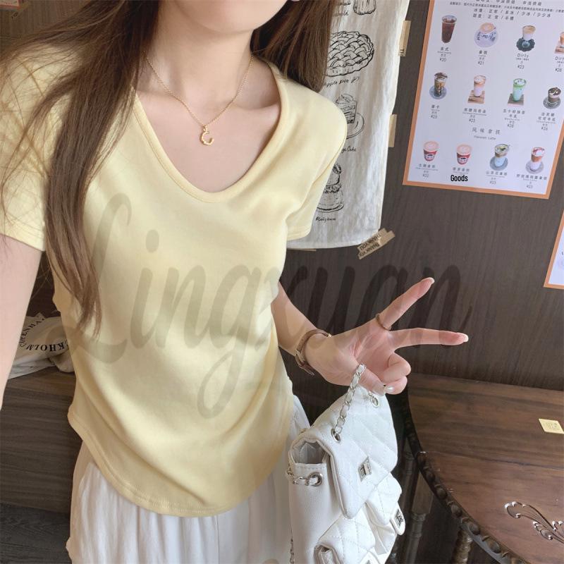 Spring/Summer Korean Style Slimming V-Neck Pleated Short Sleeve T-Shirt