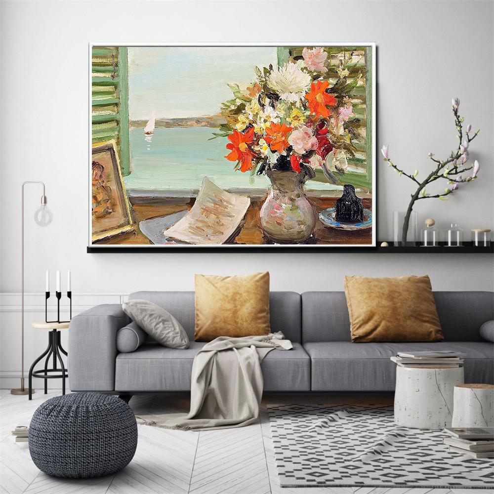 Abstract Art Landscape Window Flowers Poster Vintage Wall Art Retro Decor Canvas Oil Painting Living Room Decoration Home Boat