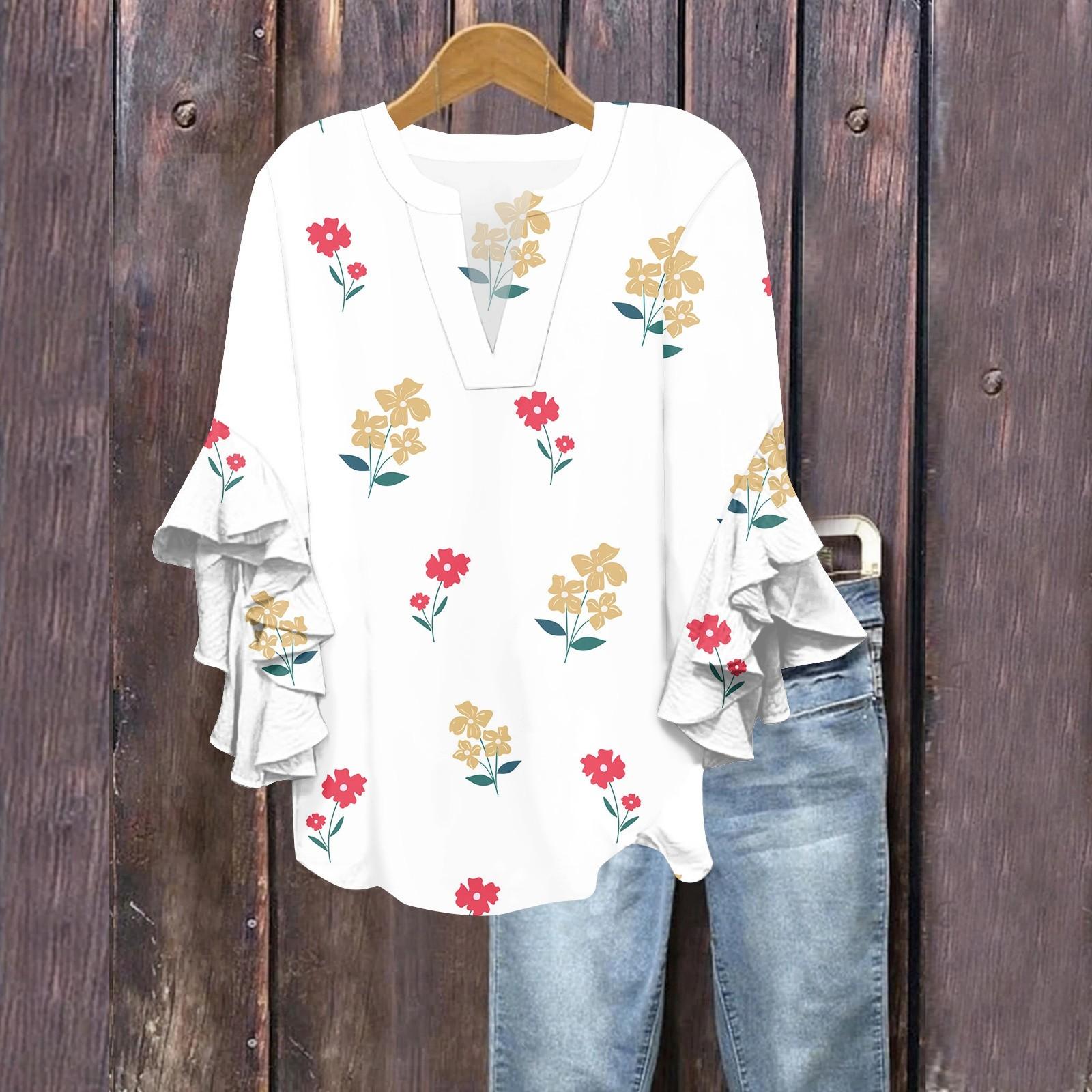 

Літні топи для жінок Милі блузки з V-подібним вирізом та рукавом 3/4 Топ з квітковим принтом Повсякденні сорочки XL білий