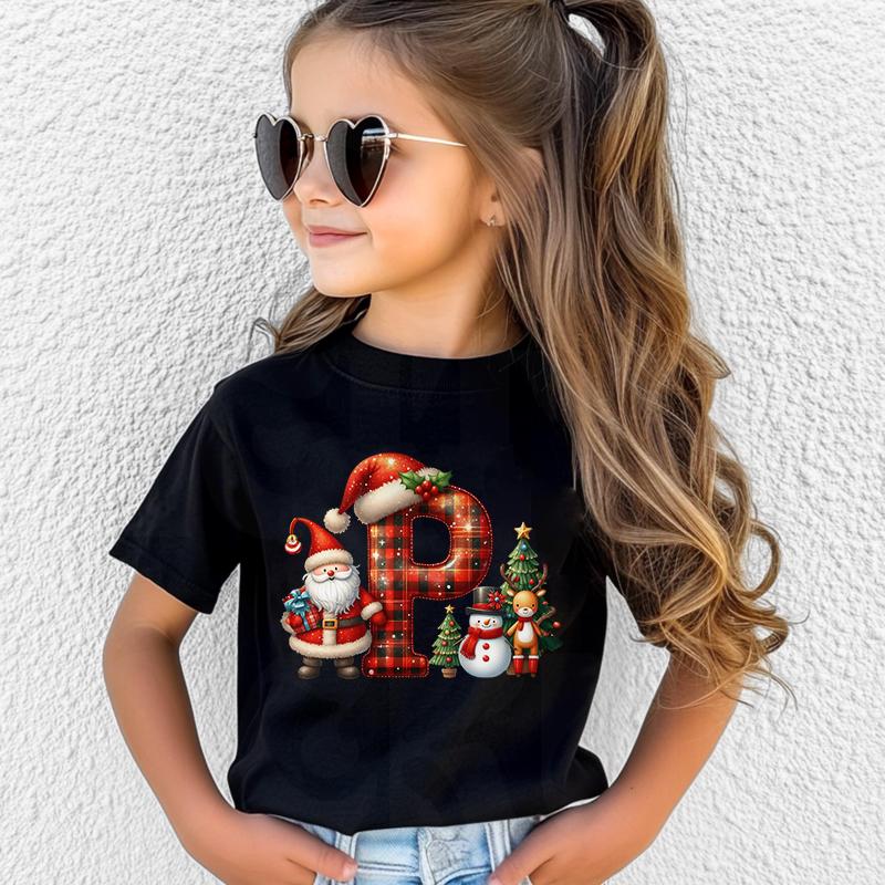 Personalized Kids Christmas T-shirt with A-Z Alphabet Print, Santa Hat Design for Boys & Girls