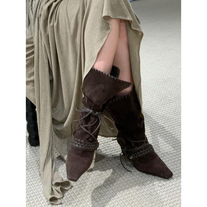 Sheepskin version retro western cowboy boots women's pointed suede thick heel short boots fringed high heel boots strap stacked boots