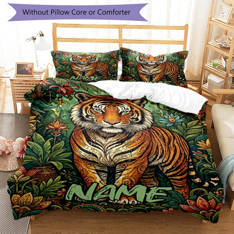 3pcs Custom Name Tiger Bedding Set Duvet Cover Closure Includes 1 Duvet Cover & 2 Pillowcases, Soft and Comfortable for All Seasons.