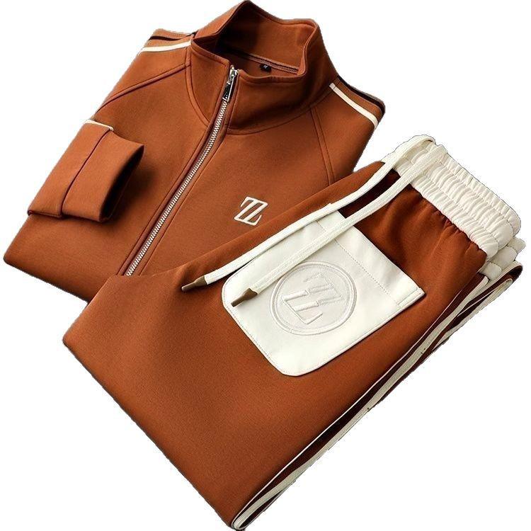 Men's Green Stand-Up Collar Sportswear Set - Long Sleeve, Casual & Versatile, Two-Piece for Autumn.