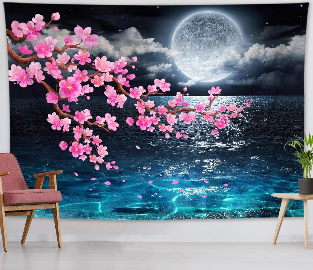 Moon Over Ocean Tapestry Full Moon Night Sky with Cherry Blossom Tree Wall Tapestry for Bedroom Cloud Pink Floral Wall Hanging