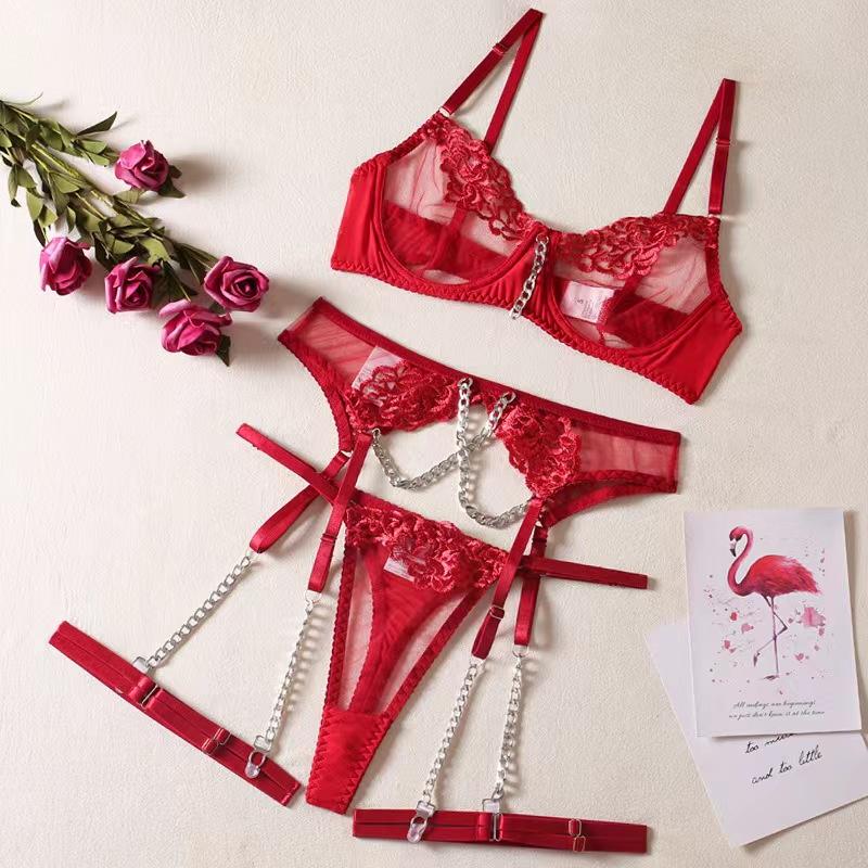 Sexy lingerie three-point set metal chain embroidery shapewear bra set