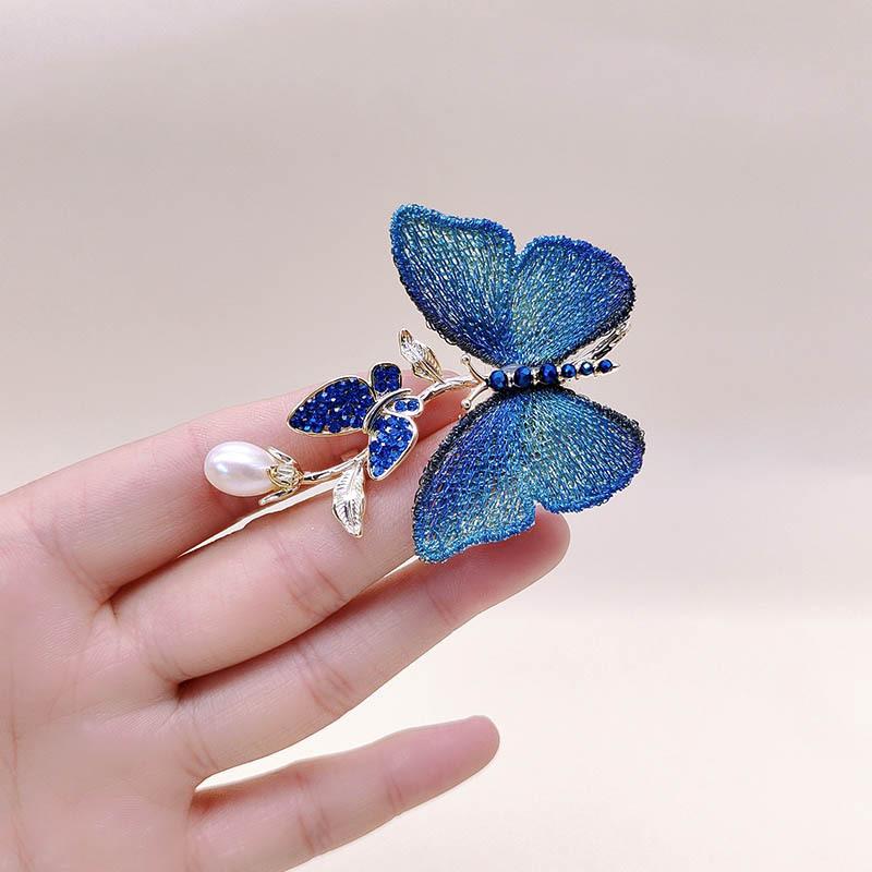 Vintage Chinese Embroidered Butterfly Brooch with Rhinestones and Pearls for Women