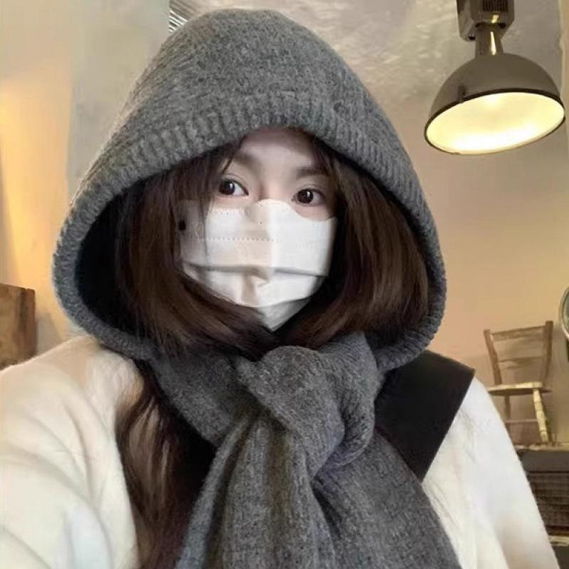 Autumn And Winter Hooded Shawl With Balaclava Hat And Scarf Integrated Women S Wool Hat Warm Ear Protection Scarf M（56-58cm） серый