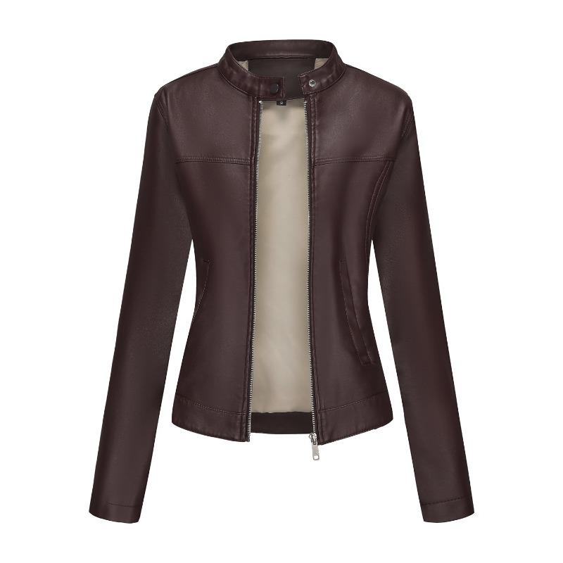 Spring and Autumn New Casual Leather Clothing Women's Fashion Street European and American Size Stand-up Collar Jacket Motorcycle Clothing Jacket