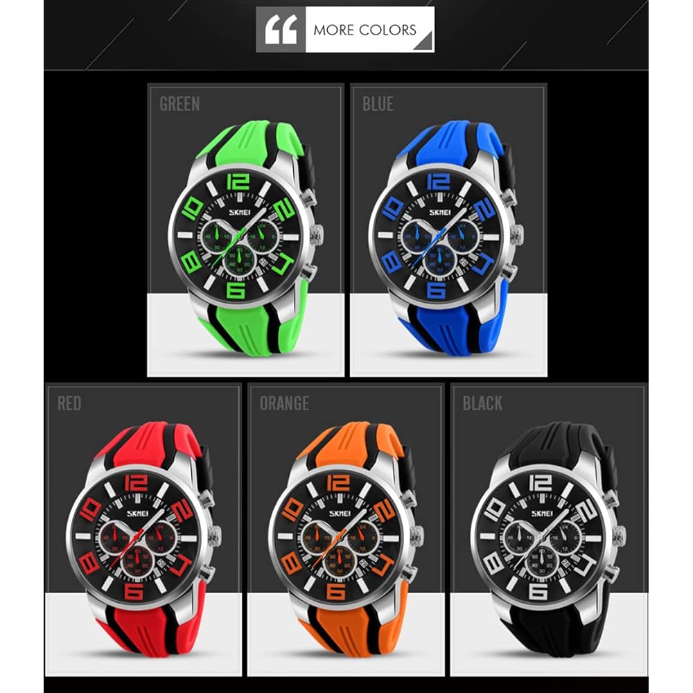 Men's Big Face Analog Chronograph Watch Orange Silicone Waterproof Casual Sports