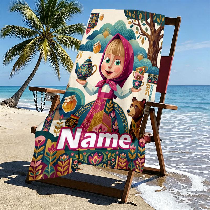 Custom Name Personalized Masha and the Bear Print Beach Towel, for Trip Camping Beach Party Home Decor, Birthday Gift for Family & Friends