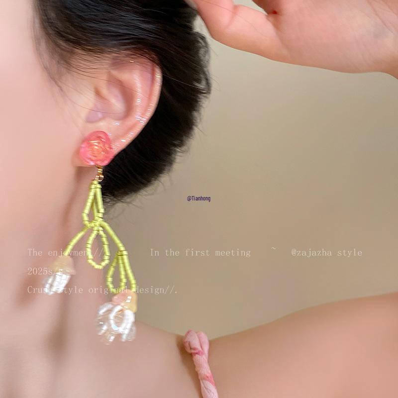 Handcrafted Beaded Flower Tassel Earrings - Trendy Beach Style Statement Accessories for Women