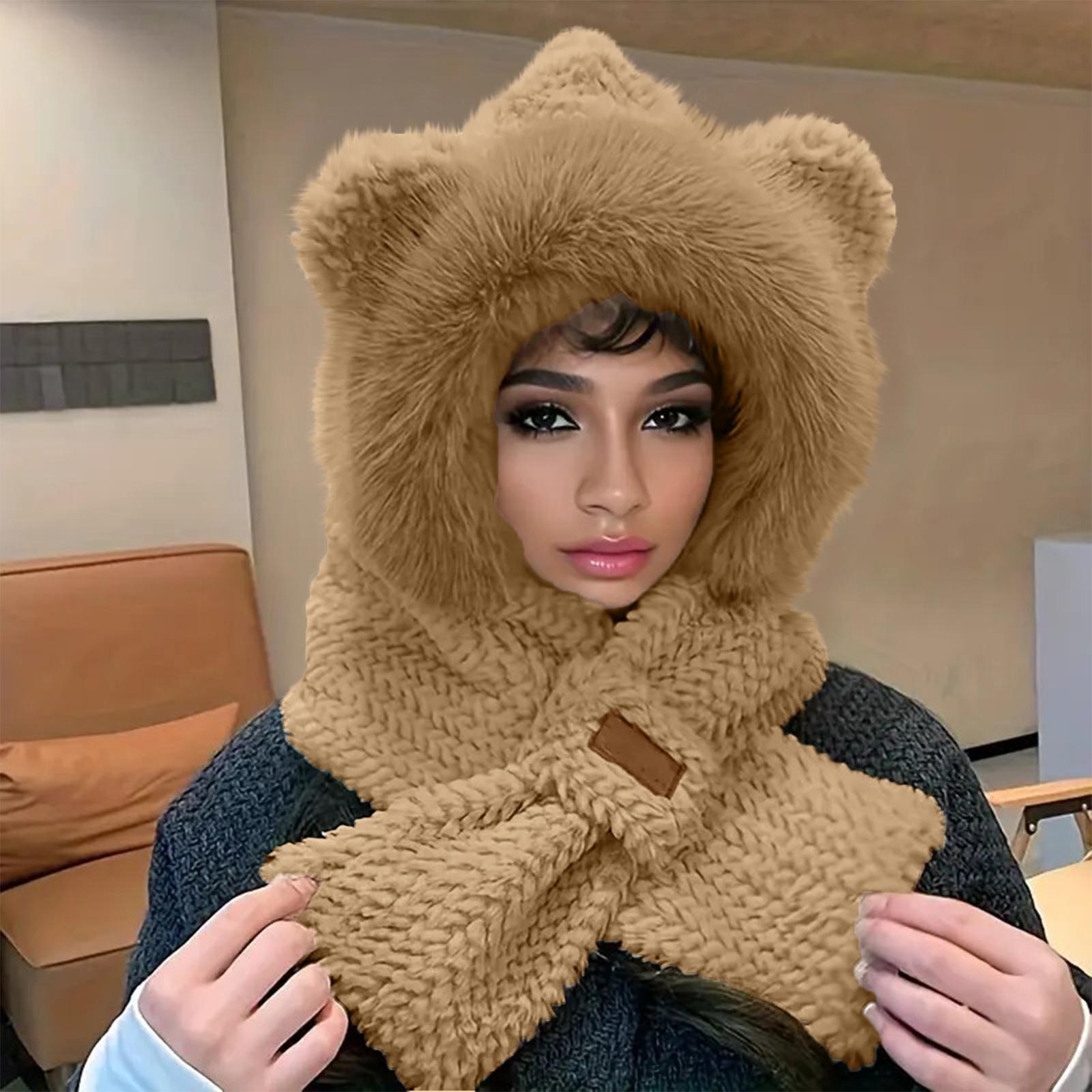 Women s Scarf One-piece Hooded Cute Cycling Thick Warm Plush Hat One Size хаки