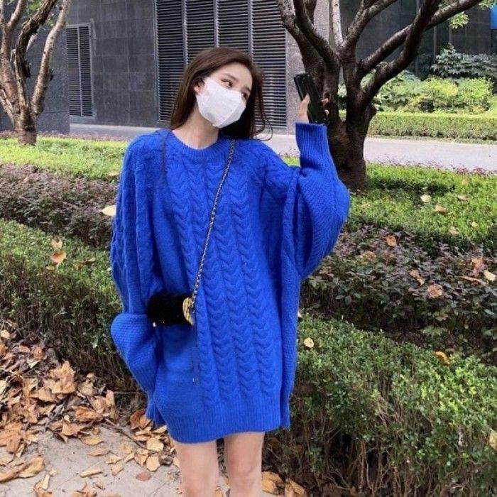 Plus Size Lazy Style Sweater Women's Mid-length Twist Round Neck Sweater Women's Pullover Loose Winter