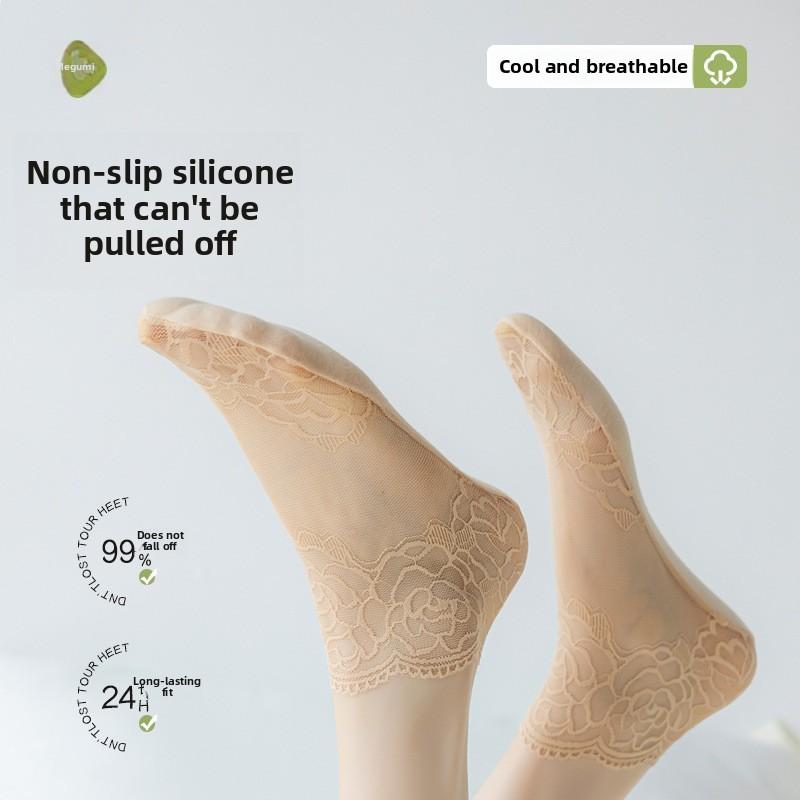 5 Pairs Summer Hollowed-out Lace Invisible Boat Socks with Women's Shallow Cut Non-slip Socks