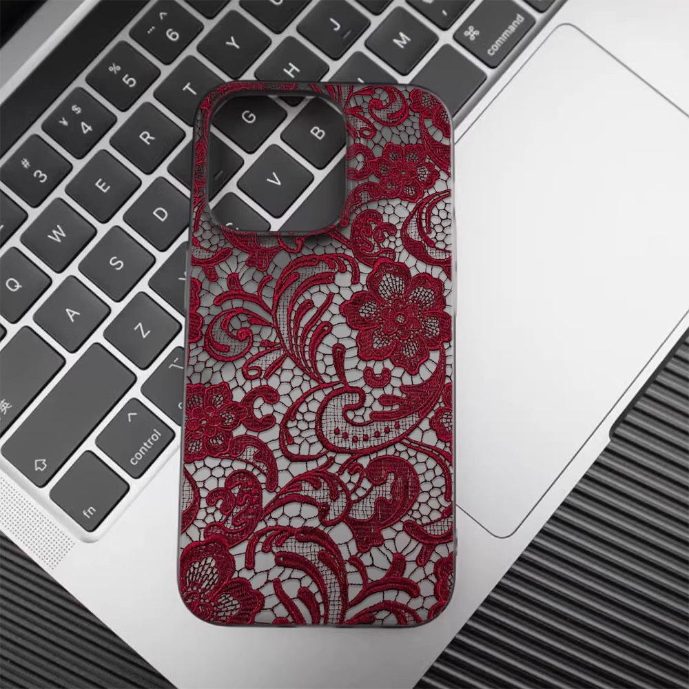 Burgundy Lace Phone Case for iPhone 17/16/15/14 Plus/13/12/11 Pro Max Clear TPU Cover Elegant Floral Pattern Protective Cover