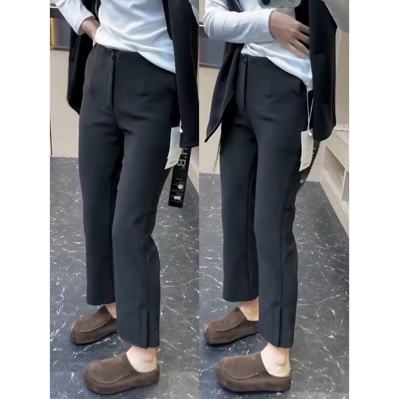 Black Casual Pants for Women, Spring Trendy Hot-Selling Style, Plus-Size High-Waisted, Stretchy, Slimming, Split Hem, Cropped Straight-Leg Suit Pants Black S