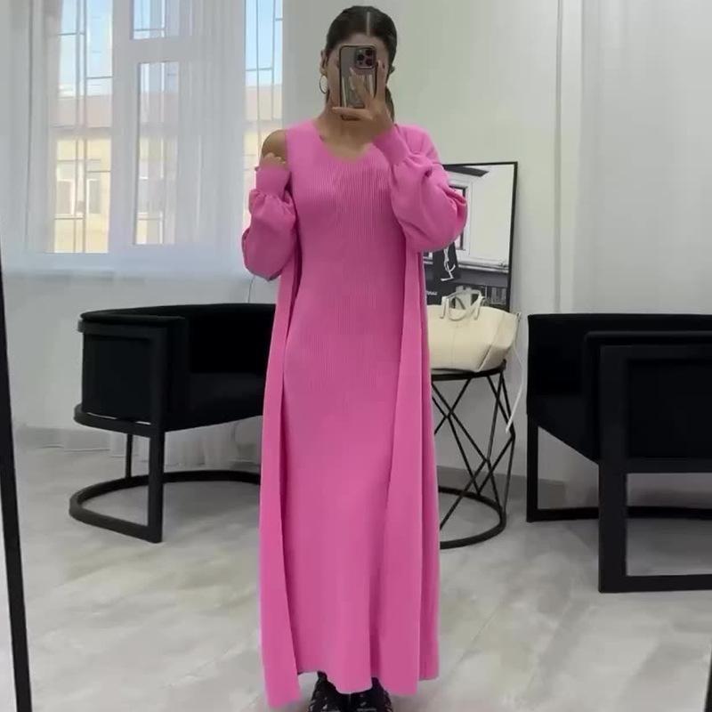 2026 Autumn European & American Solid Color Slim Knit Sweater Over-the-Knee Long Dress Set for Women