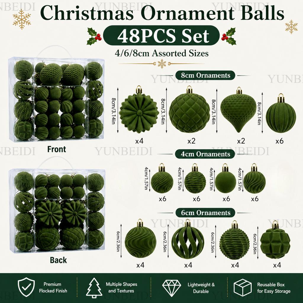 Velvet Christmas Ornament Balls Set 48PCS Plastic Flocked Baubles DIY Christmas Tree Decor Holiday Home Party Hanging Decor