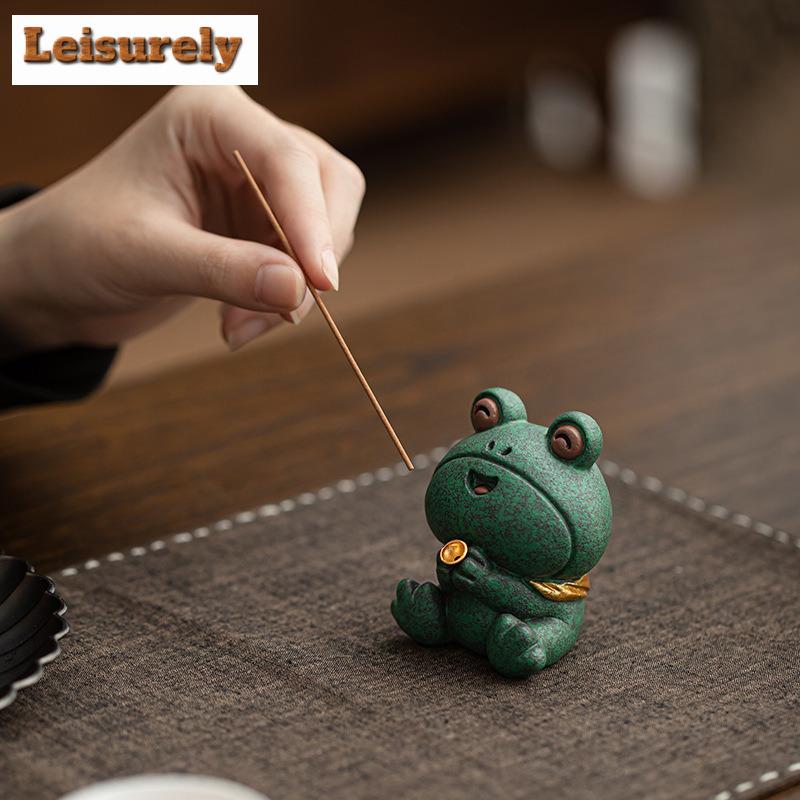 Color Blue Stone Cute Big-eyed Frog Incense Holder Water Fountain Decoration Incense Burners Meditation Censer Buddhism Ornament