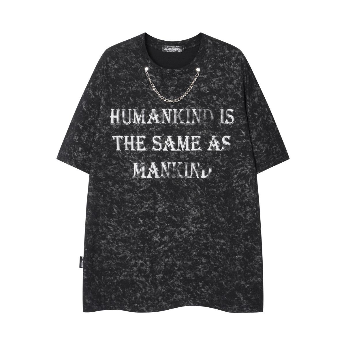 

BLUREMO Летняя трендовая футболка из плотного хлопка с заклепками и кубинской цепочкой в стиле батик чёрный