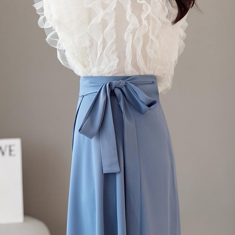 Frauen Falten Rock Chiffon Retro Einteiliges Spitze-Up Wrap Koreanischen Stil Sommer Rosa Dame Split Strand Rock