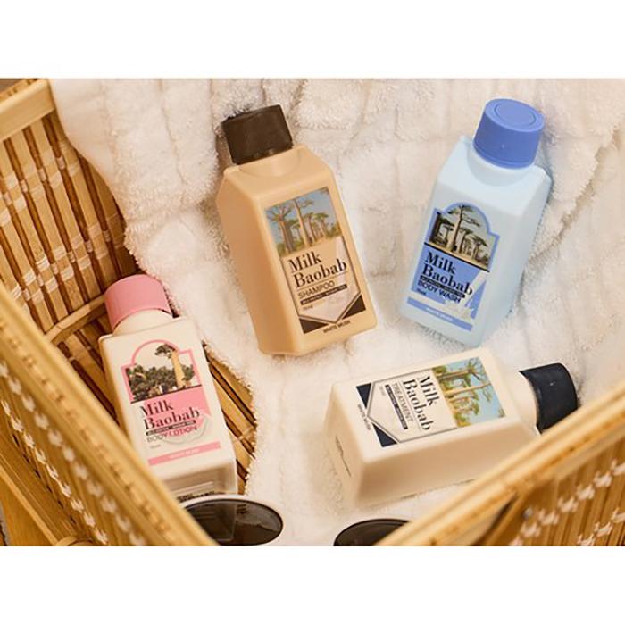 Milk Baobab White Musk Travel Kit – Shampoo, Treatment, Body Wash & Lotion Set, Korean