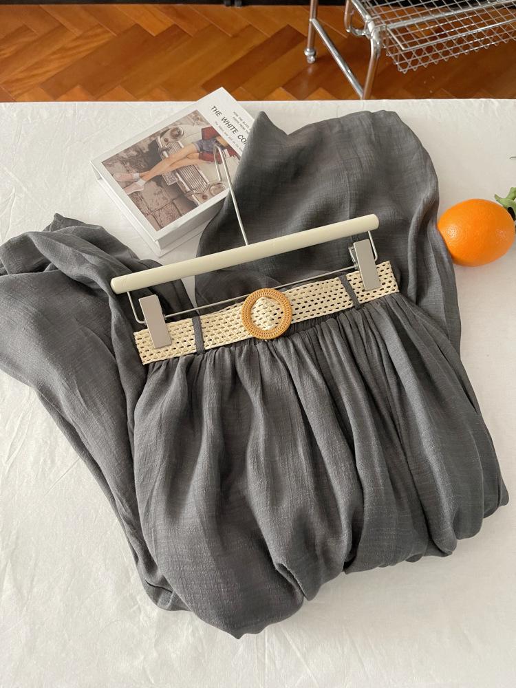 

Women s Summer High-Waisted Wide-Leg Pants with Woven Belt - Solid Color, Loose Fit, Versatile Design One Size сірий колір
