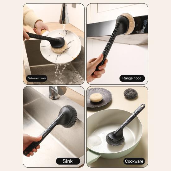 Pot Brush with Steel Ball Head Anti-Slip Grip Hanging Hole Long Handle Dishes Scrubber Kitchen Cleaning Tool