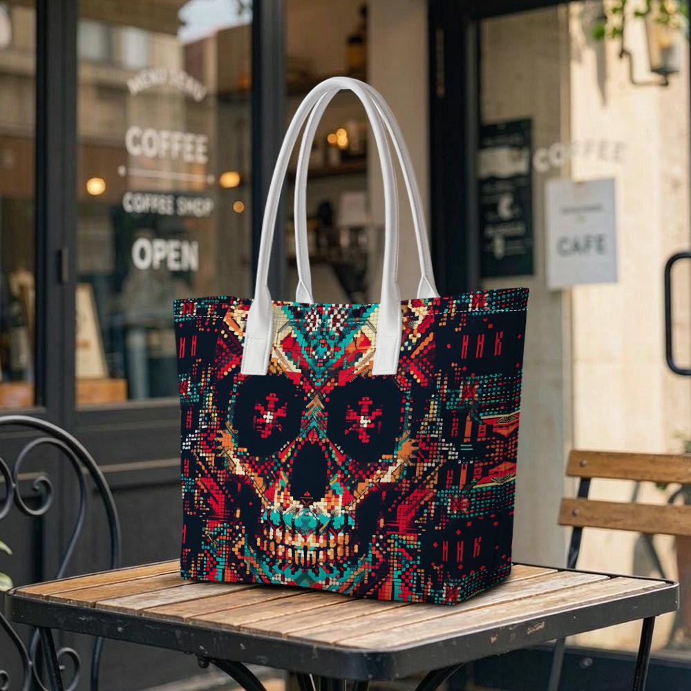 Trendy Skull Pattern Tote Bag Casual Large Capacity Shoulder Handbag For Daily Use