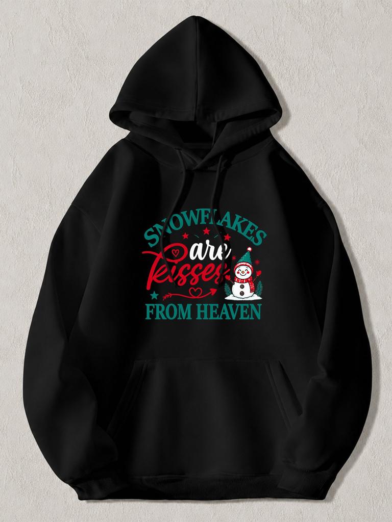Black Pullover Hoodie with Snowflakes Are Kisses from Heaven Print Cute Snowman Graphic Sweatshirt Festive Winter Holiday Casual O