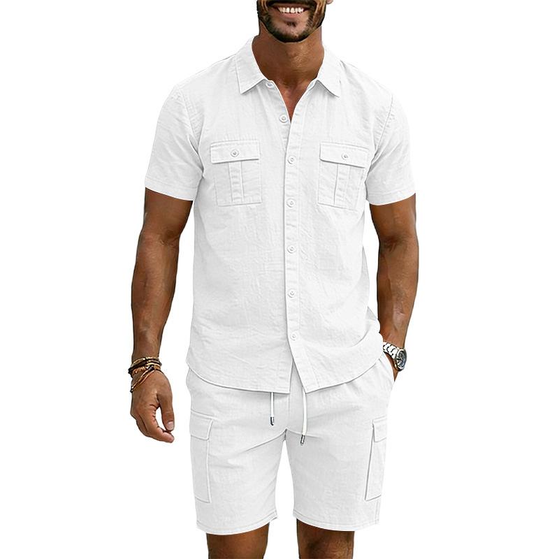 Mens Casual Linen Blend Short Sleeve Button Up Shirt And Cargo Shorts Two Piece Set S
