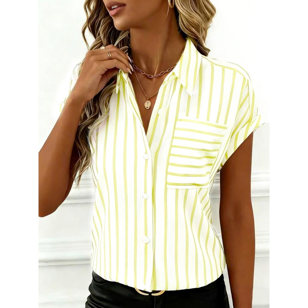 Summer Women's Drop Shoulder Button Striped Pocket Casual Shirt