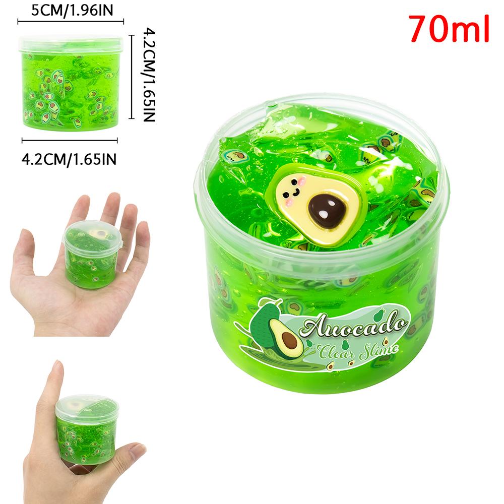 70ml Kristallklarer Schleim mit Wassermelone Pfirsich Avocado Ananas Anhängern - Nicht klebrige weiche Gelee-Knete für Party Weihnachtsgeschenk