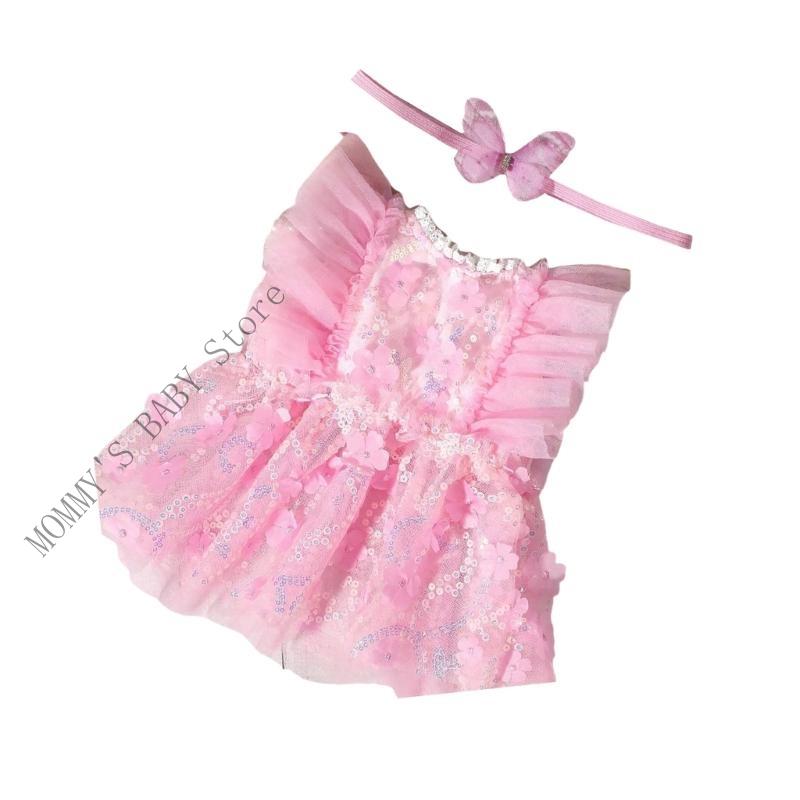 H3CD Newborns Photoshoots Props Set Pink Tulle Romper and Lovely Butterfly Headwear CN