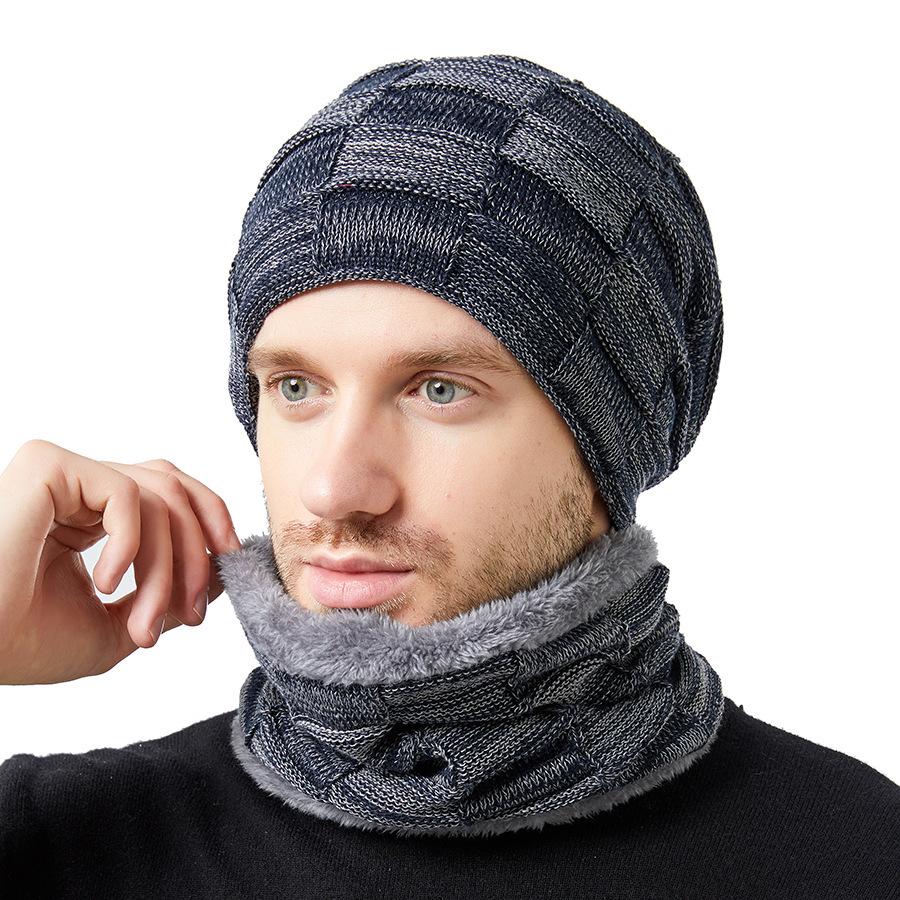 Autumn and Winter Men's Hats Two-color Square Plus Velvet Knitted Hats and Scarves Two-piece Set Couple Style Pile Hats