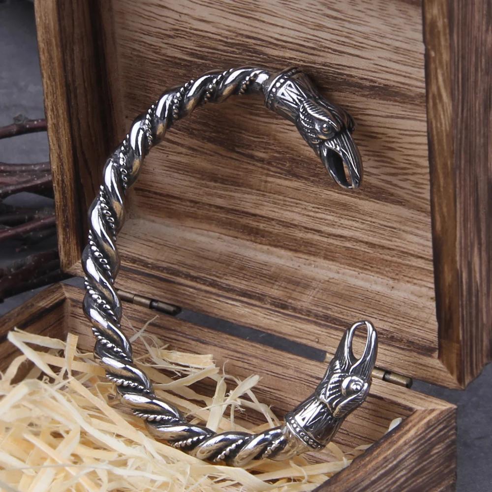 Edelstahl Nordisch-Norse Rabe Armband Herren Armband Manschette Armbänder mit Holzbox no box brown