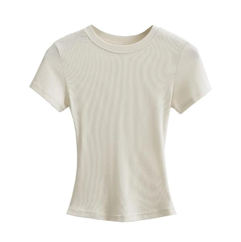 Summer New Female American Spice Girl Solid Color Crew Neck Short Sleeve T-Shirt Basic Threaded Bottom Top