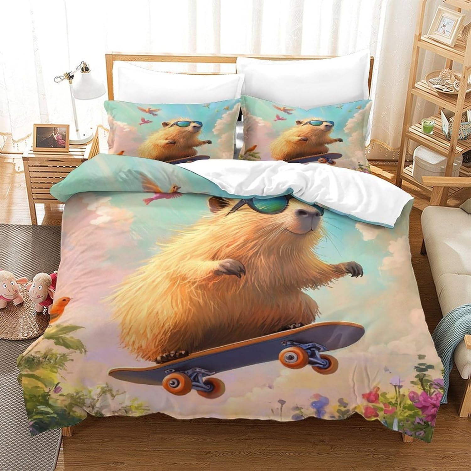 Ensembles de housses de couette Animaux Capybara, Ensemble de literie 3D en microfibre avec taies d'oreiller Housse de couette Style Jungle Cartoon pour toutes les saisons 70x133cm 2pcs