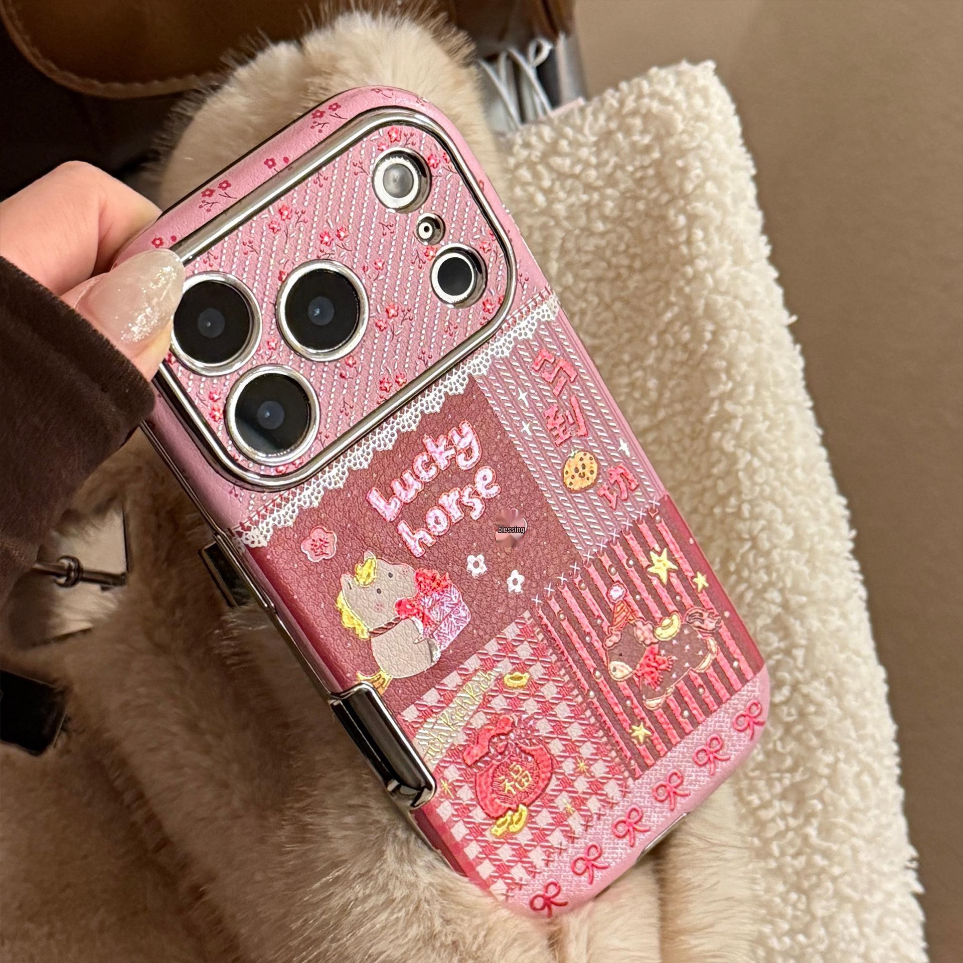 

Gold-Plated Leather iPhone Case with Pink Horse Lanyard for iPhone 13-17 14