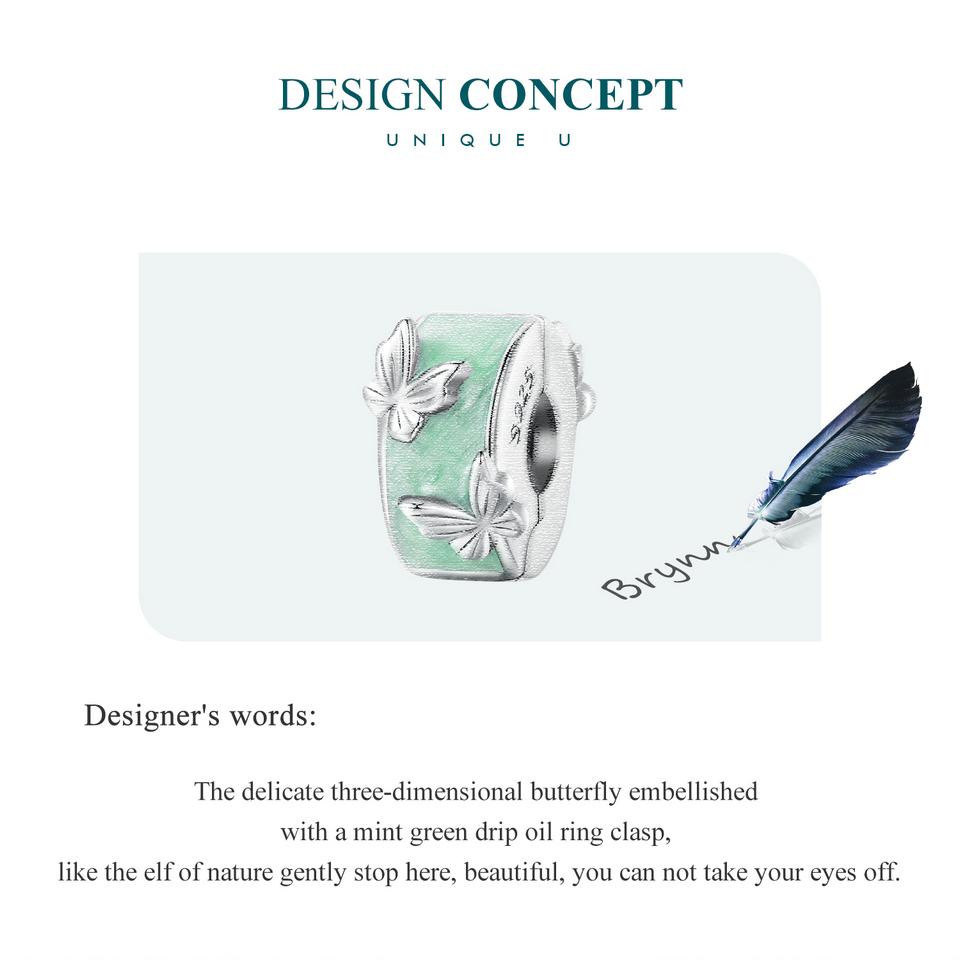 BAMOER 925 Sterling Silver Mint Green Enamel Butterfly Clip Charms Round Beads for Women Original Silver Bracelet Fine Jewelry