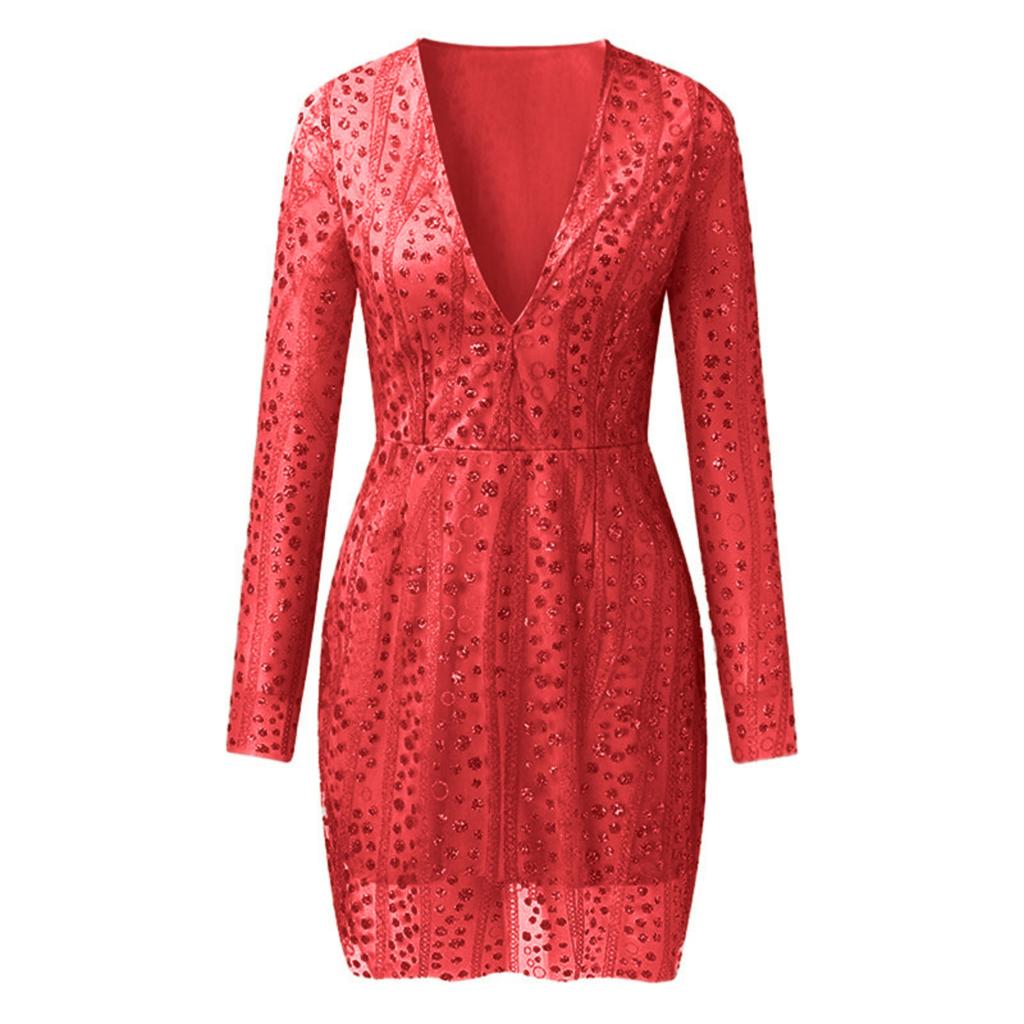 Women's Deep V Sheer Long-Sleeved Short Dress With Gold Floating
