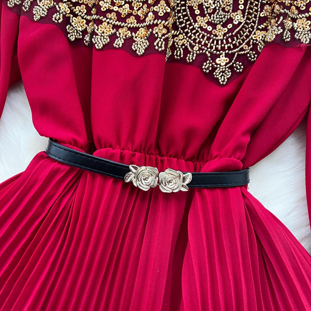 Temperament Robe Femme Maxi Dresses for Women Long Sleeve O-neck Sequin Slim Waist Vintage Pleated Dress 2025 Vestidos De Mujer