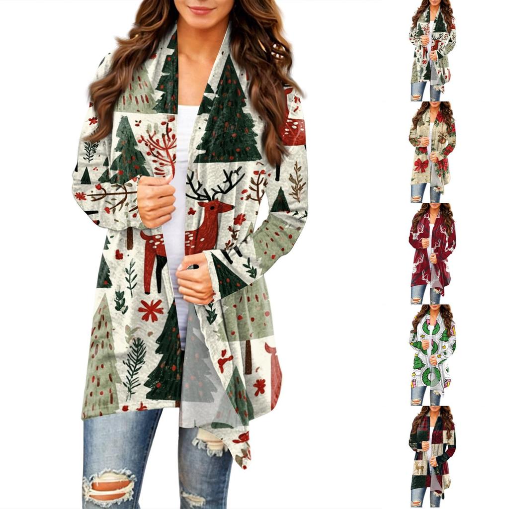 Women's Casual Christmas Print Mid-Length Open Front Cardigan Sweater for Holiday Wear