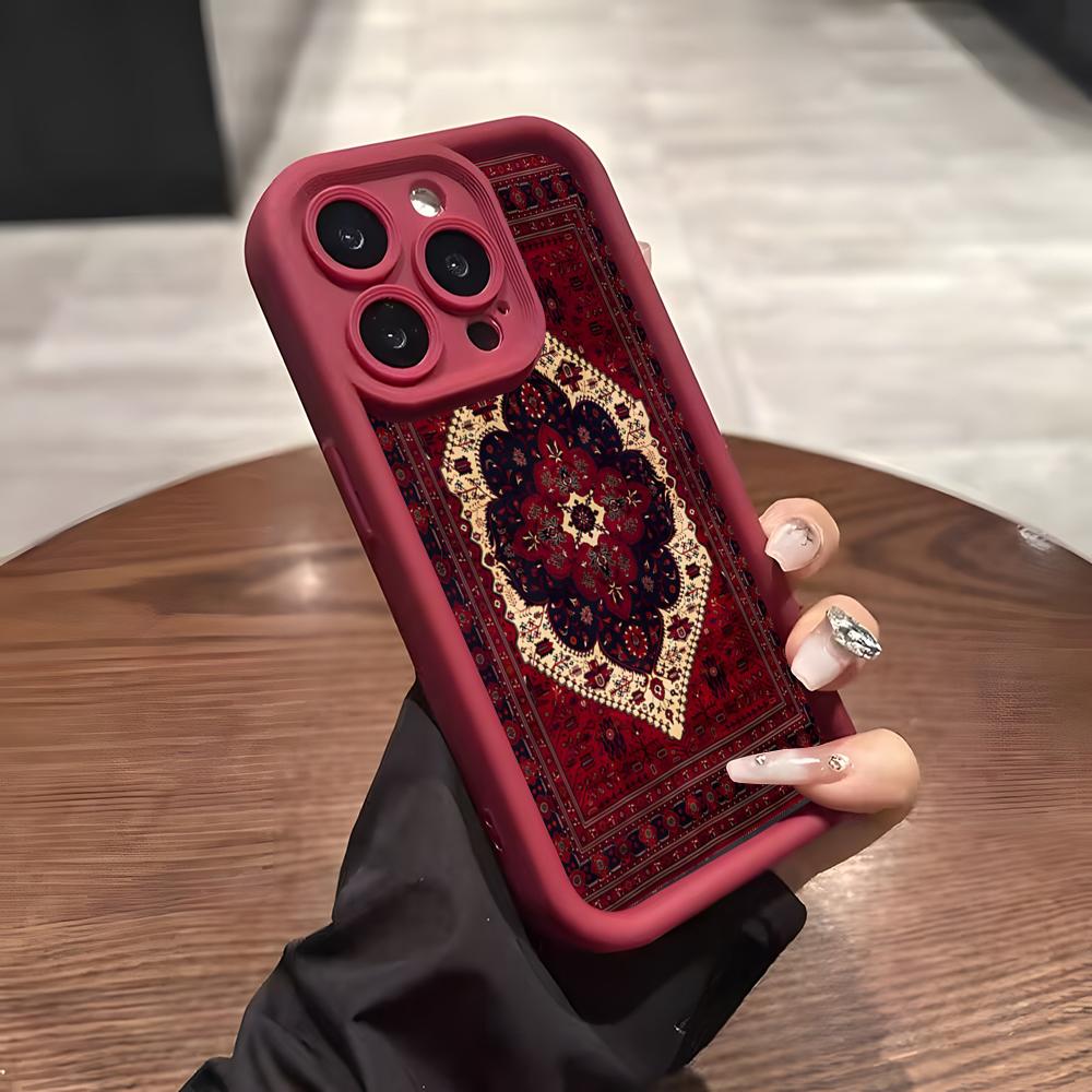Arabic Carpet Pattern Phone Case For IPhone Air 17 Pro Max 16 E 15 14 Pro Max 13 12 11 Mini Plus Soft Silicone Wine Red Cover