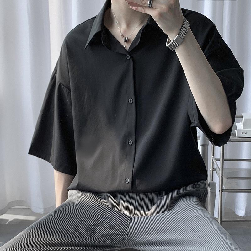 

Men s Summer Design Short-Sleeve Ice Silk Shirt Youth Lightweight and Handsome Loose-Fit Top M чорний