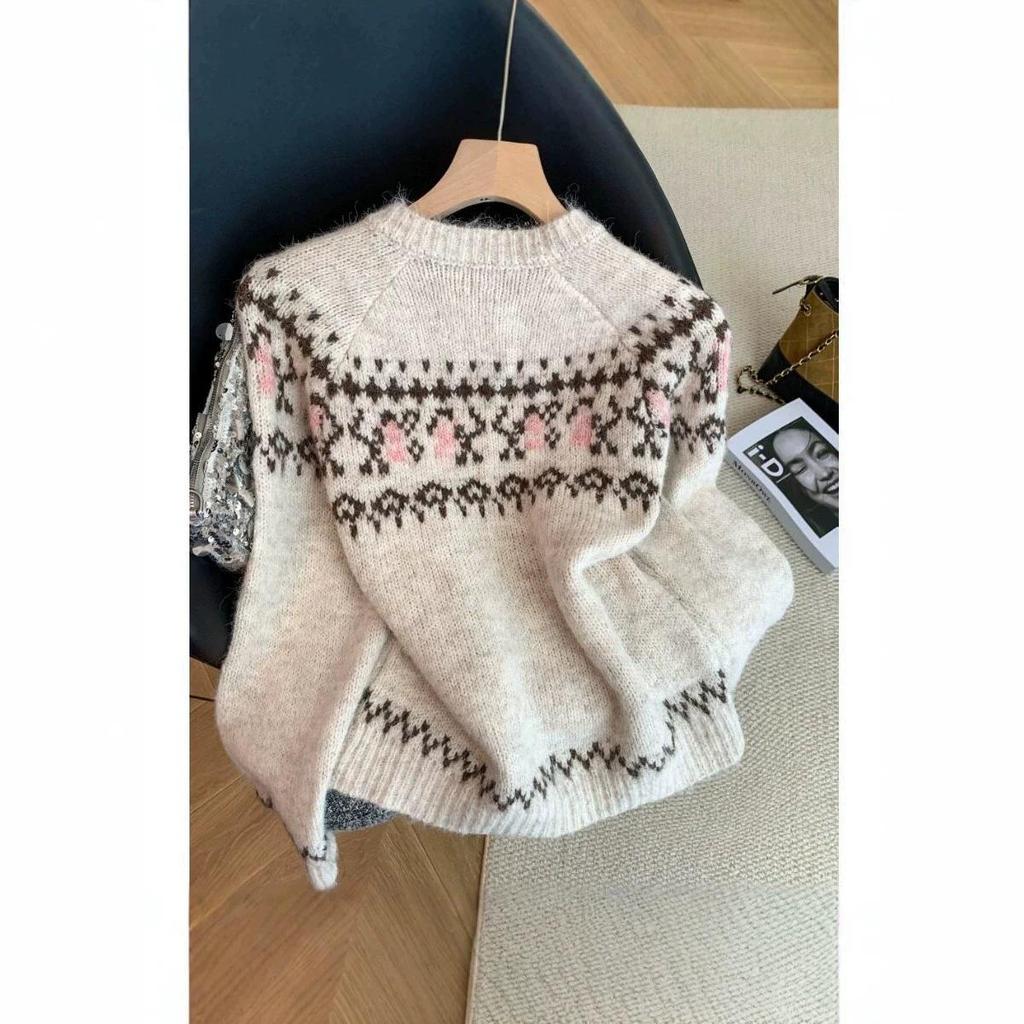 Korean Retro Women's Fair Isle Cardigan - Soft, Fluffy, Autumn/Winter Knit Sweater
