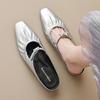 Fashion Pleated Designer Silver Slippers Women Strap Buckle Pointed Toe Mules Low Heels Flat Sandals OL Ladies Sliders Pantuflas Shoes