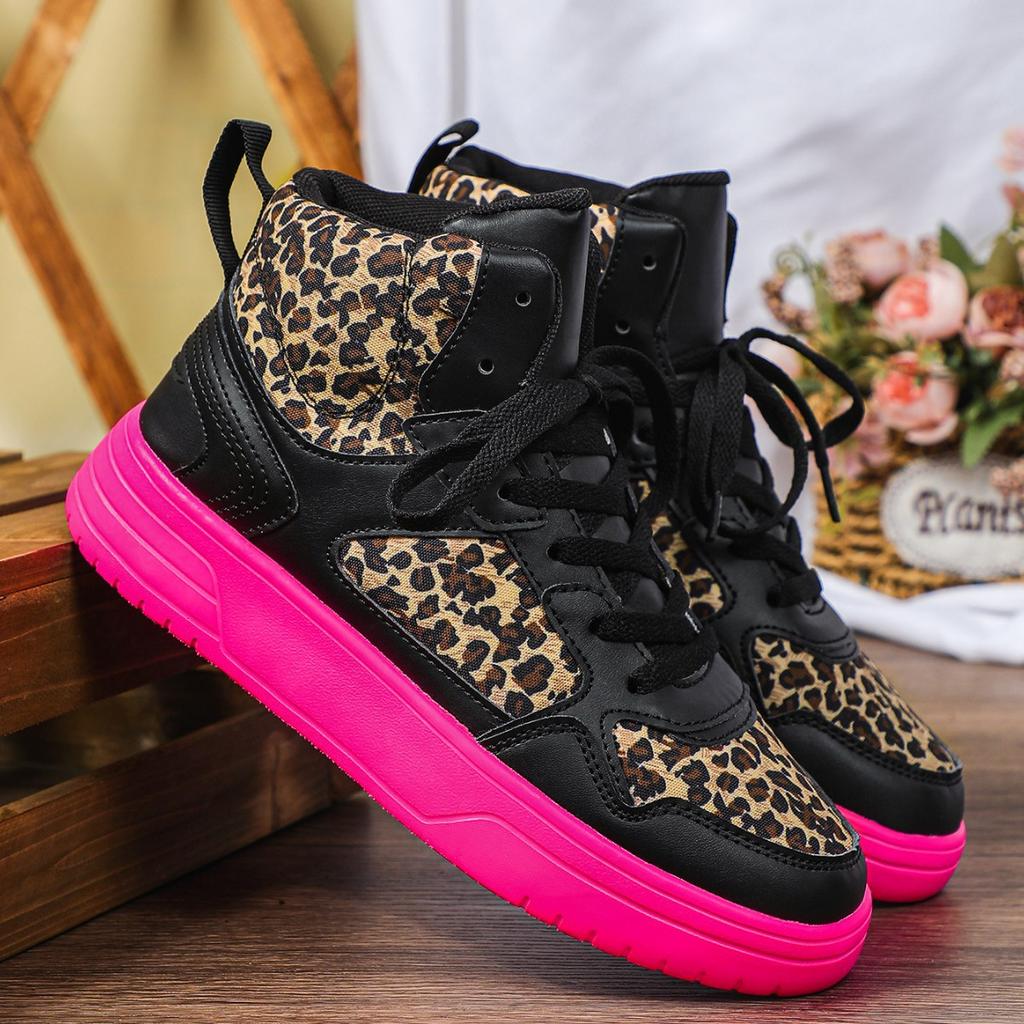 Spring Leopard Leather Platform Sneakers Women Luxury High Top Shoes Unisex Non-slip New Lace Up Thick Sole Ladies Casual Shoes