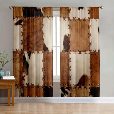 Brown White Patchwork Cow Fur Pattern Curtains, Simulated Animal Fur Shade Curtains, Pastoral Style Farmhouse Farm Decoration
